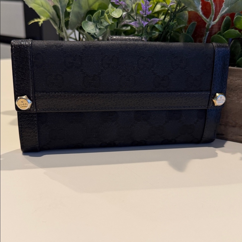 GUCCI AUTHENTIC BLACK MONOGRAM DENIM & LEATHER LONG WALLET